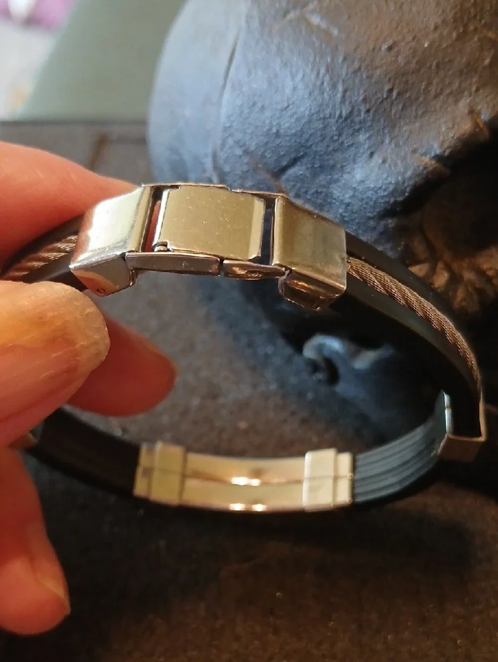 Men's Black and Silver Cable Accent Bracelet - Modern Stainless Style